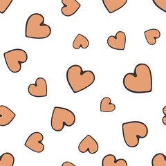 Seamless pattern of hand drawn simple hearts in pastel brown colors on white background