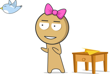 The girl stands and watches the bird fly
