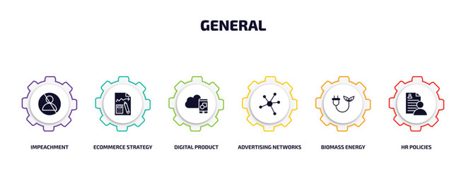 general infographic element with filled icons and 6 step or option. general icons such as impeachment, ecommerce strategy, digital product, advertising networks, biomass energy, hr policies vector.