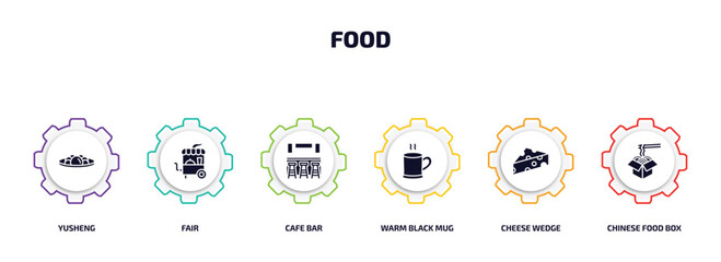 food infographic element with filled icons and 6 step or option. food icons such as yusheng, fair, cafe bar, warm black mug, cheese wedge, chinese food box vector.