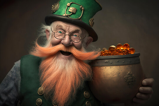 happy saint patricks day poster with leprechaun and treasure cauldron. Generative Ai.