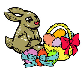 Easter bunny with basket, eggs, flowers and butterfly. Decorative design composition for poster print, greeting card, kids party invitation. Hand drawn illustration. Vintage cartoon style drawing.