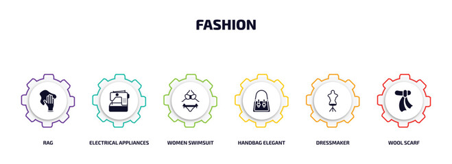 fashion infographic element with filled icons and 6 step or option. fashion icons such as rag, electrical appliances, women swimsuit, handbag elegant de, dressmaker, wool scarf vector.