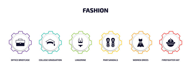 fashion infographic element with filled icons and 6 step or option. fashion icons such as office briefcase, college graduation cap, lingerine, pair sandals, women drees, firefighter hat vector.