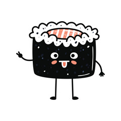 Kawaii sushi mascot in cartoon style. Cute maki with salmon for menu