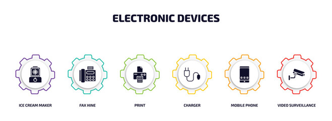 electronic devices infographic element with filled icons and 6 step or option. electronic devices icons such as ice cream maker, fax hine, print, charger, mobile phone, video surveillance vector.