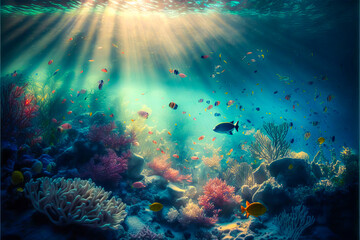Be charmed by this idyllic view of an exotic sea floor brightened by the sun's rays and filled with multicolored exotic fish. Enjoy this picture of pristine blue water. Generative AI