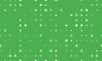 Seamless background pattern of evenly spaced white instant coffee symbols of different sizes and opacity. Vector illustration on green background with stars