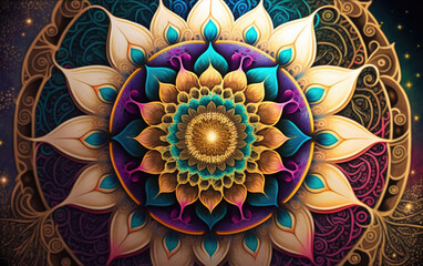 Colorful gradient fractal mandala shapes as wallpaper background (Generative AI)