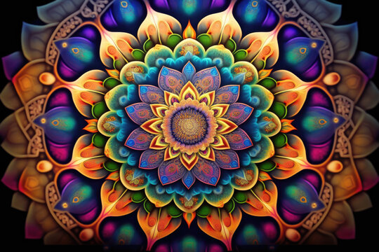 Colorful gradient fractal mandala shapes as wallpaper background (Generative AI)