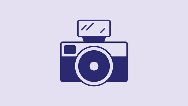Blue Photo camera with lighting flash icon isolated on purple background. Foto camera. Digital photography. 4K Video motion graphic animation
