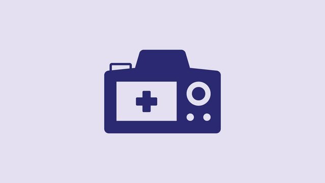 Blue Photo camera icon isolated on purple background. Foto camera. Digital photography. 4K Video motion graphic animation