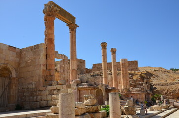 Sunny temples, arches, the Nymphaeum, stone ornaments, columns and column bases on the ruins of the...