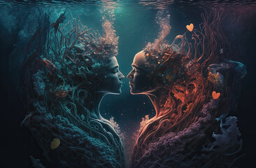 How deep is your love? Illustrations of heart, people and the sea. generative ai