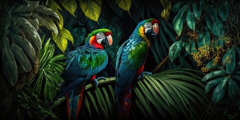 Fototapeta premium parrots enjoying the jungle, generative ai