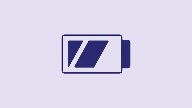 Blue Battery for camera icon isolated on purple background. Lightning bolt symbol. 4K Video motion graphic animation
