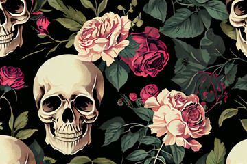 skull and roses watercolor pattern