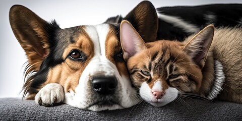 cute cat and dog cuddling, generative ai
