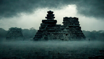 A mystical and evil image of Mayan buildings and sanctuaries, obscuring the mist. An enchanting atmosphere filled with secrets and history. A sacred and intriguing place. Generative AI