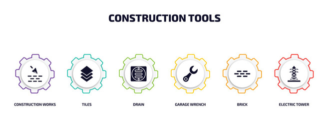 construction tools infographic element with filled icons and 6 step or option. construction tools icons such as construction works, tiles, drain, garage wrench, brick, electric tower vector.