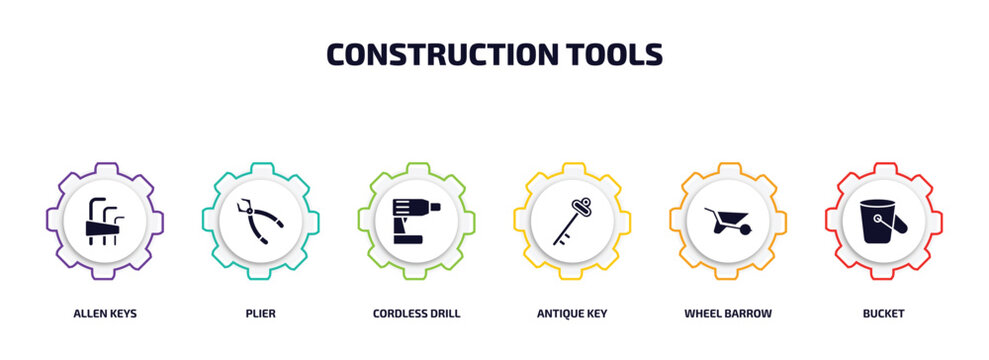 construction tools infographic element with filled icons and 6 step or option. construction tools icons such as allen keys, plier, cordless drill, antique key, wheel barrow, bucket vector.