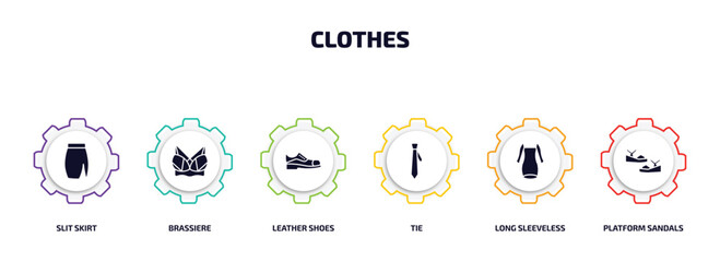 clothes infographic element with filled icons and 6 step or option. clothes icons such as slit skirt, brassiere, leather shoes, tie, long sleeveless dress, platform sandals vector.