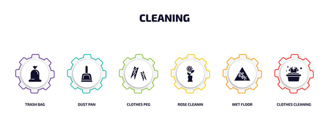 cleaning infographic element with filled icons and 6 step or option. cleaning icons such as trash bag, dust pan, clothes peg, rose cleanin, wet floor, clothes cleaning vector.