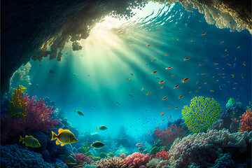 Fototapeta na wymiar Discover this fascinating view of an exotic seabed with crystal clear water, multicolored fish swimming under the sun's rays across the ocean. Generative AI