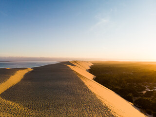 Sunrise on Dune du Pilat with pine forest panoramic view on the atlantic ocean in Bassin D'arcachon Landes Aquitaine France  - obrazy, fototapety, plakaty
