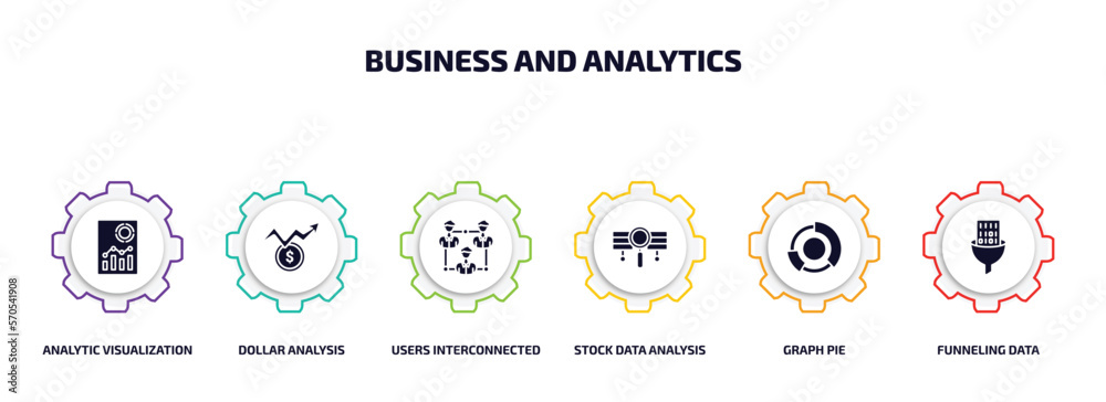 Poster business and analytics infographic element with filled icons and 6 step or option. business and anal