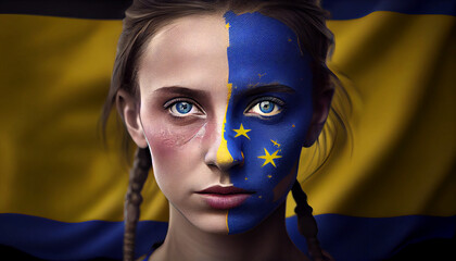 Ukraine Flag Woman illustration, beautiful Ukrainian  women, artwork flag vector graphic by generative AI