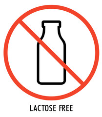 Lactose free sign, icon, logo. Vector lactose free label for healthy food packaging. Round badge with milk bottle crossed out. Lactose intolerance. Food packaging symbol. Vector illustration