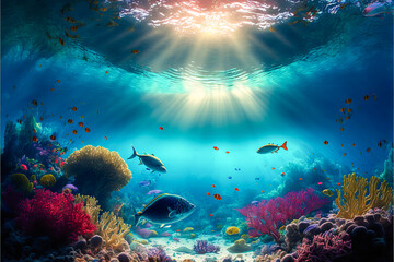A beautiful seascape offering rich and vibrant colors, with crystal clear turquoise waters and exotic fish dancing in the sunlight. Generative AI