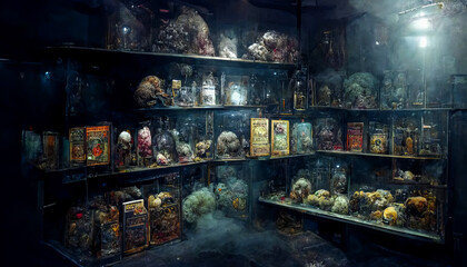 Abandoned cabinet of curiosities. Horrible items exposed like in a horror movie: monstrous skeletons & forbidden experiment subjects. Perfect for evoking fear & creating drama. Generative AI