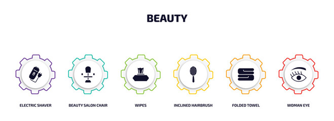 beauty infographic element with filled icons and 6 step or option. beauty icons such as electric shaver, beauty salon chair, wipes, inclined hairbrush, folded towel, woman eye vector.