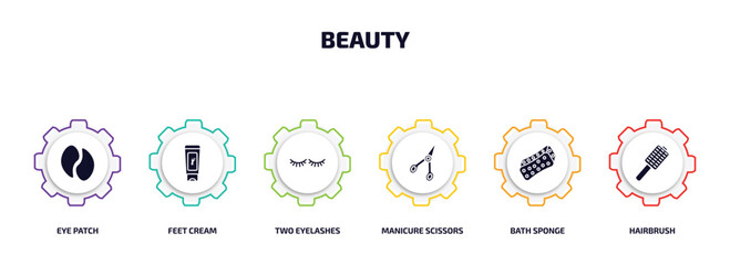 beauty infographic element with filled icons and 6 step or option. beauty icons such as eye patch, feet cream, two eyelashes, manicure scissors, bath sponge, hairbrush vector.