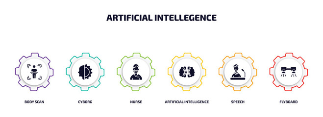 artificial intellegence infographic element with filled icons and 6 step or option. artificial intellegence icons such as body scan, cyborg, nurse, artificial intelligence, speech, flyboard vector.