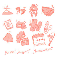 period women illustration tampon sanitary napkin menstrual cup menstruation doodle collection  - obrazy, fototapety, plakaty