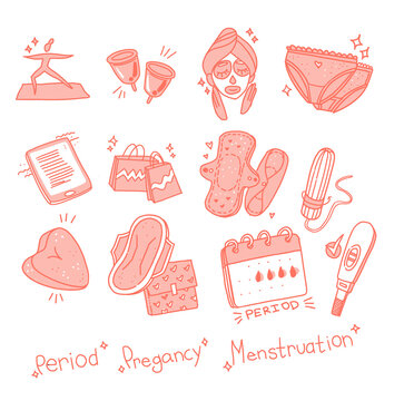 Period Women Illustration Tampon Sanitary Napkin Menstrual Cup Menstruation Doodle Collection 