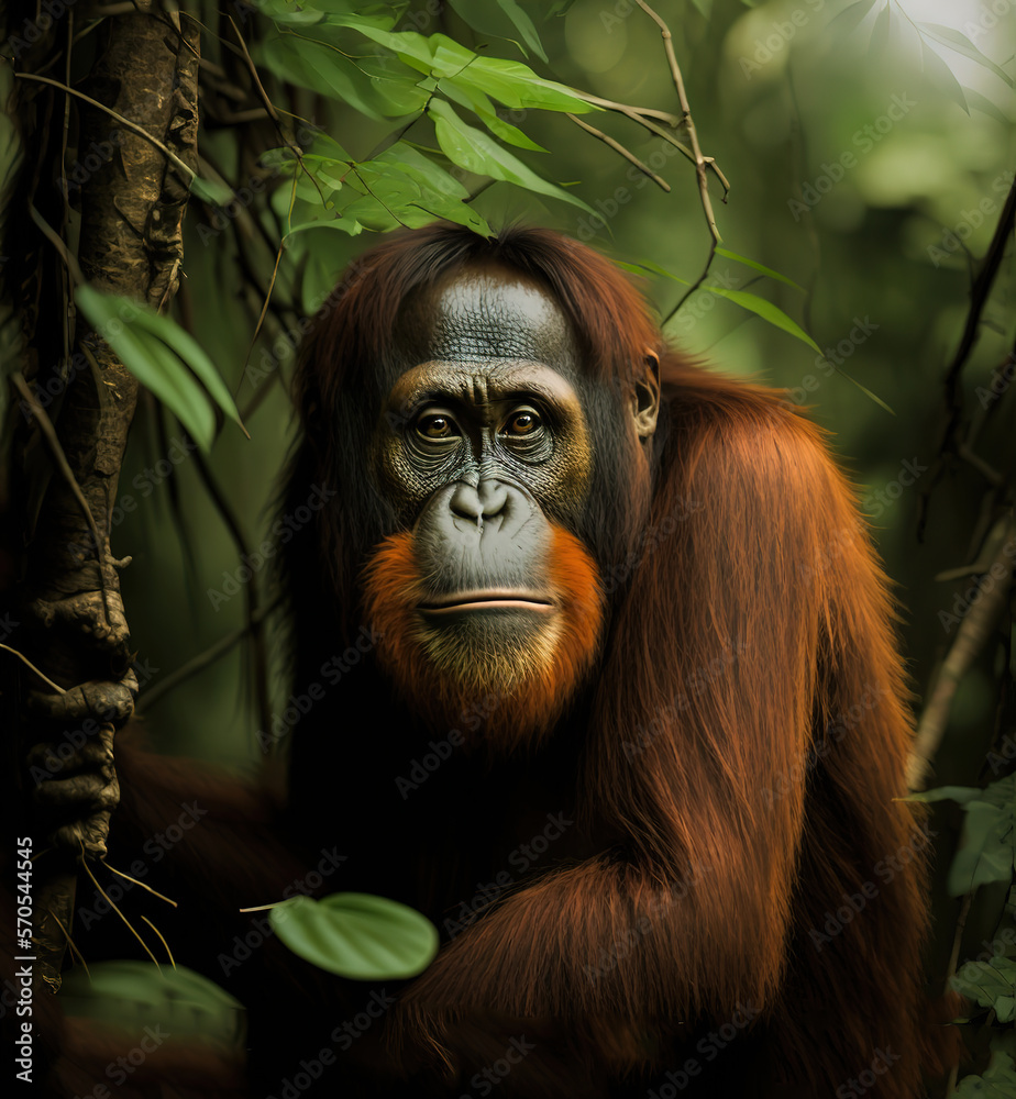 Wall mural Orangutan monkey in the Rainforest or in the jungle, Generative art