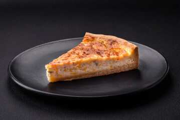 Beautiful delicious quiche pie with four types of cheese with spices and herbs