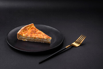 Beautiful delicious quiche pie with four types of cheese with spices and herbs
