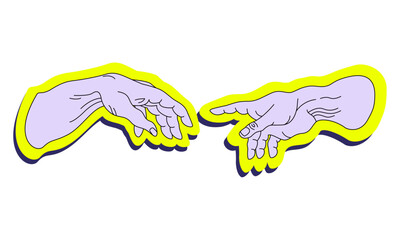 Stickers Hands going to touch together against the backdrop. Look like the Michelangelo's art. Cyberpunk and vaporwave style. Vector template of cover, event flyer, club party invitation