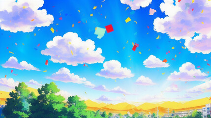 紙吹雪が舞うアニメ調の青空と雲 Anime-style blue sky and clouds with confetti