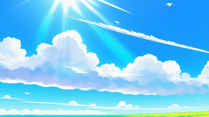 Fototapeta na wymiar アニメ調の空の背景　流れる雲と清涼感　Anime-style sky background Flowing clouds and refreshing feeling