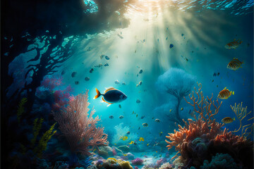 Fototapeta na wymiar Crystal clear blue water, dotted with exotic multicolored fish lit up by the sun's rays, offering an idyllic view of an unforgettable sea floor. Generative AI