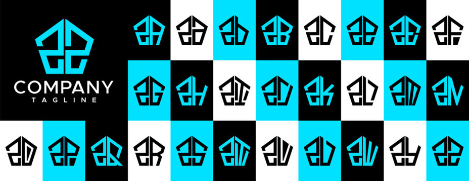 Minimalist line pentagon abstract initial letter Z ZZ logo design set