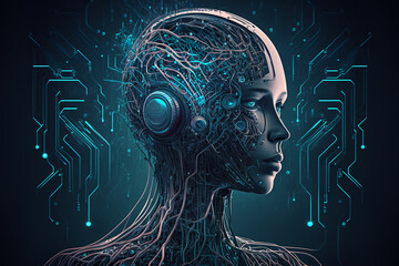 Intelligenza artificiale, un cyber robot umanoide con una rete neurale pensa Intelligenza artificiale con un cervello digitale - obrazy, fototapety, plakaty