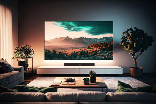 Modern living room with big tv screen. Generative ai.