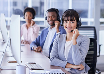 Fototapeta premium People, call center and portrait smile for telemarketing, customer support or service at the office. Group of consultants smiling with headset in CRM agency for online advice or help in contact us